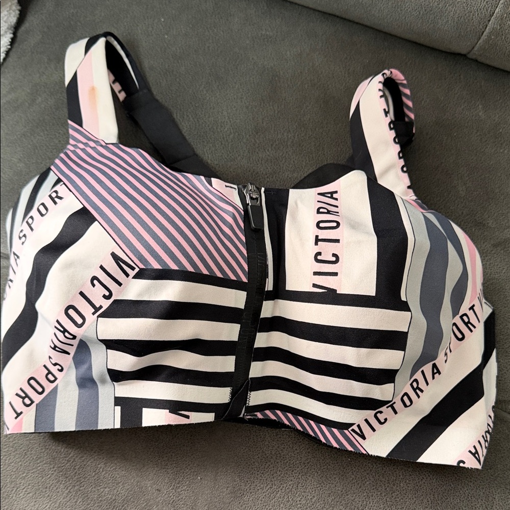 Black and Pink Striped Zip Front Bra